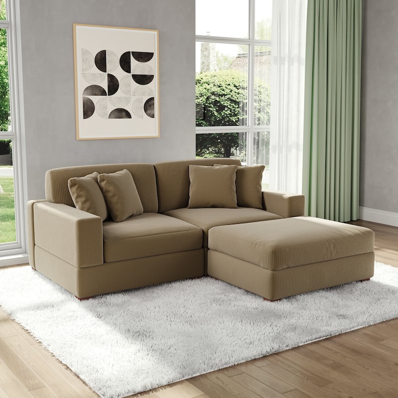 Modular Corduroy Sectional Sofa Set Chaise Couch with Ottoman
