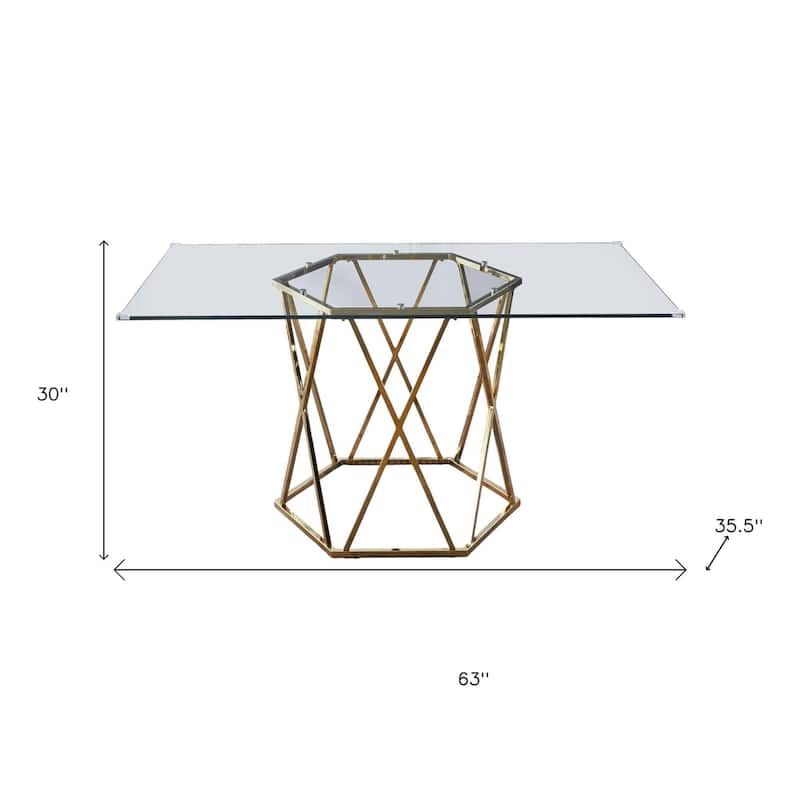HomeRoots 63" Clear and Gold Glass and Metal Geo Pedestal Base Dining Table - 63 in. x 30 in. x 35.5 in.