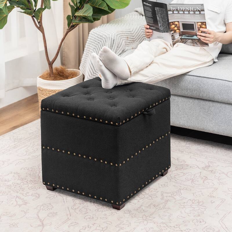 Adeco Fabric Square Ottoman with Tray