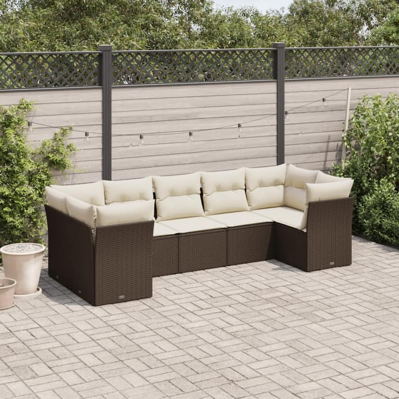 vidaXL Patio Sofa Set with Cushions Outdoor Furniture 7 Piece Poly Rattan - 24.4 x 24.4 x 27.2 - Brown and cream