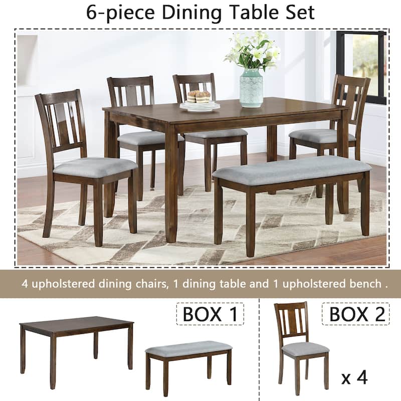 GDFStudio - Brookline 6-Piece Transitional Rectangular Wooden Dining Table Set with 4 Upholstered Chairs & 1 Bench