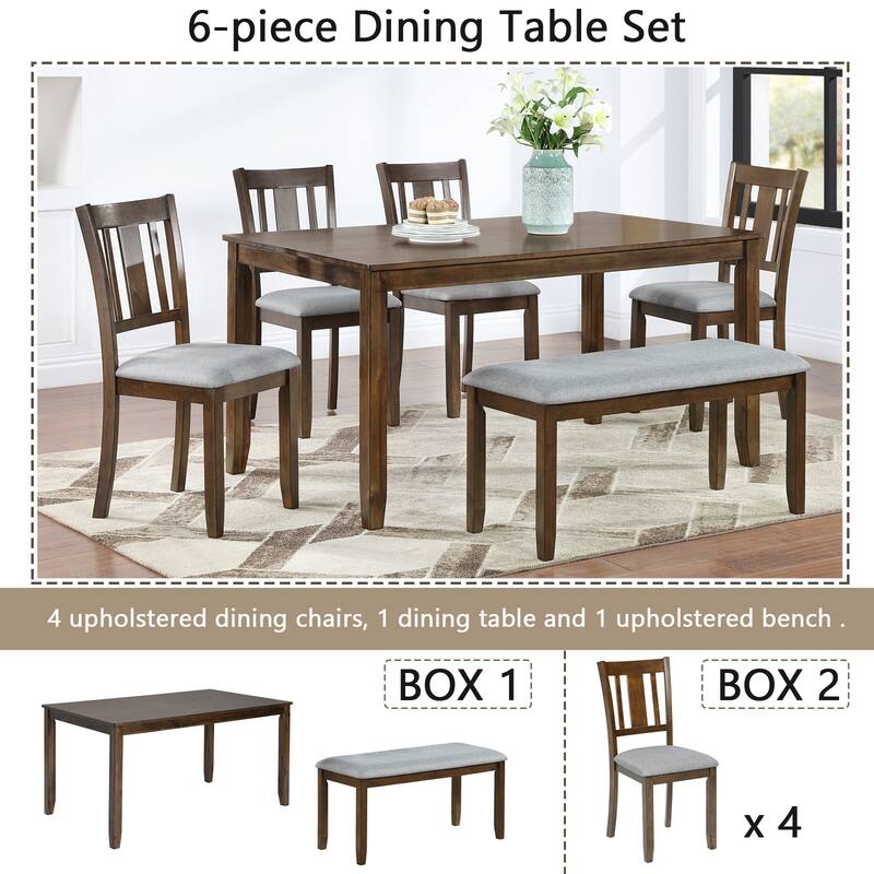Modern Style 6-Piece Dining Set with Rectangular Wooden Table, 4 Upholstered Decorative Back Dining Chairs and Upholstered Bench