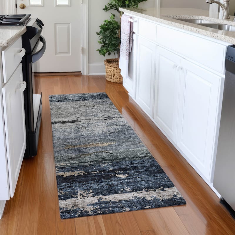 Machine Washable Indoor/ Outdoor Abstract Contemporary Chantille Rug - Navy - 2'3" x 7'6"