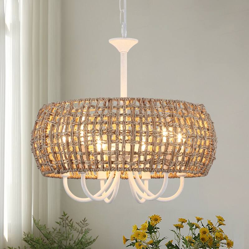 18.11inch Bohemian 6 lights adjustable height With Hand-Woven Rattan Lampshade for different rooms - Off-White+Brown