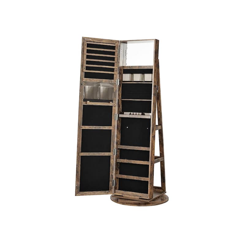 Rustic Brown 360° Swivel Lockable Jewelry Cabinet with Full-Length Mirror - 21.5''D x 21.5"W x 63.8''H