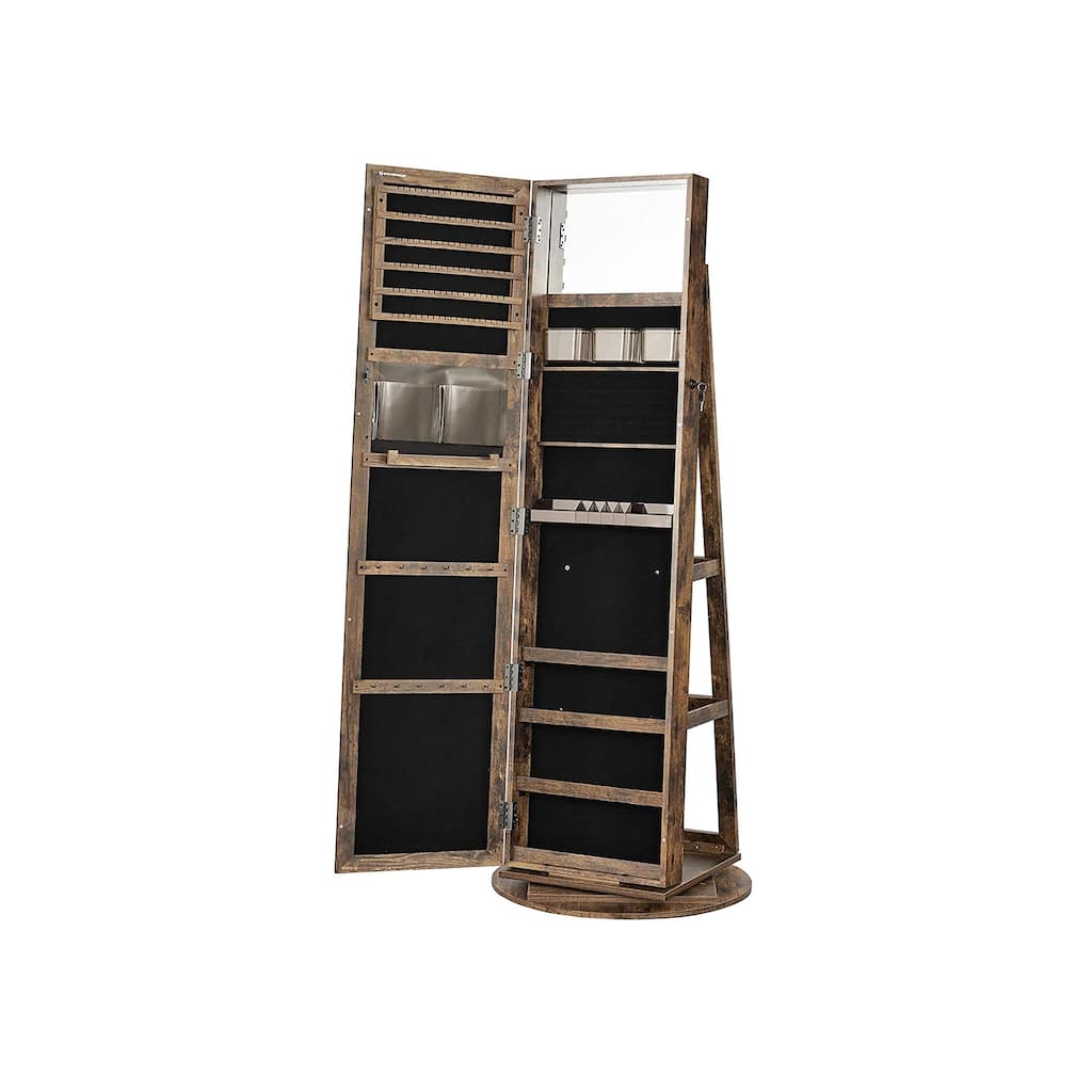 Rustic Brown 360° Swivel Lockable Jewelry Cabinet with Full-Length Mirror - 21.5''D x 21.5"W x 63.8''H