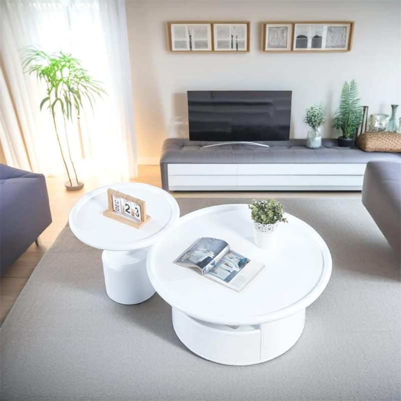 2 Pieces White MDF Round Coffee Table Set for Living Room,Bedroom