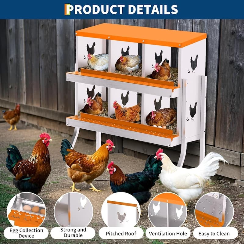 6 Compartment Metal Chicken Nesting Box, Laying Box for Hens Ducks Rabbits, Orange