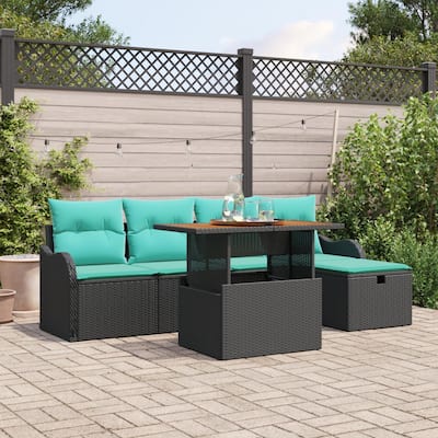 vidaXL 6 Piece Garden Sofa Set with Cushions Black Poly Rattan - 90.9 x 46.1 x 27.2