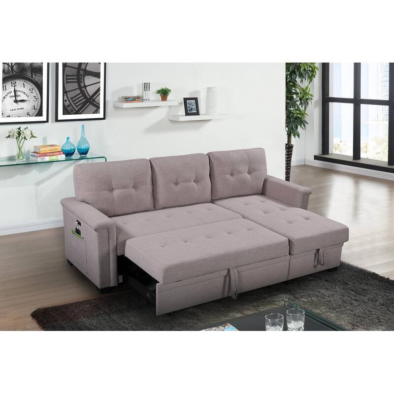 84" Light Gray Reversible Sleeper Sofa with Storage, USB Ports