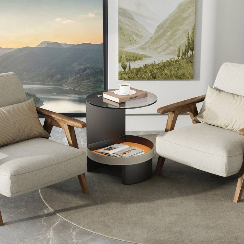 2-Tier Round Side Table Tempered Glass Top Handicraft Saddle Leather Basket