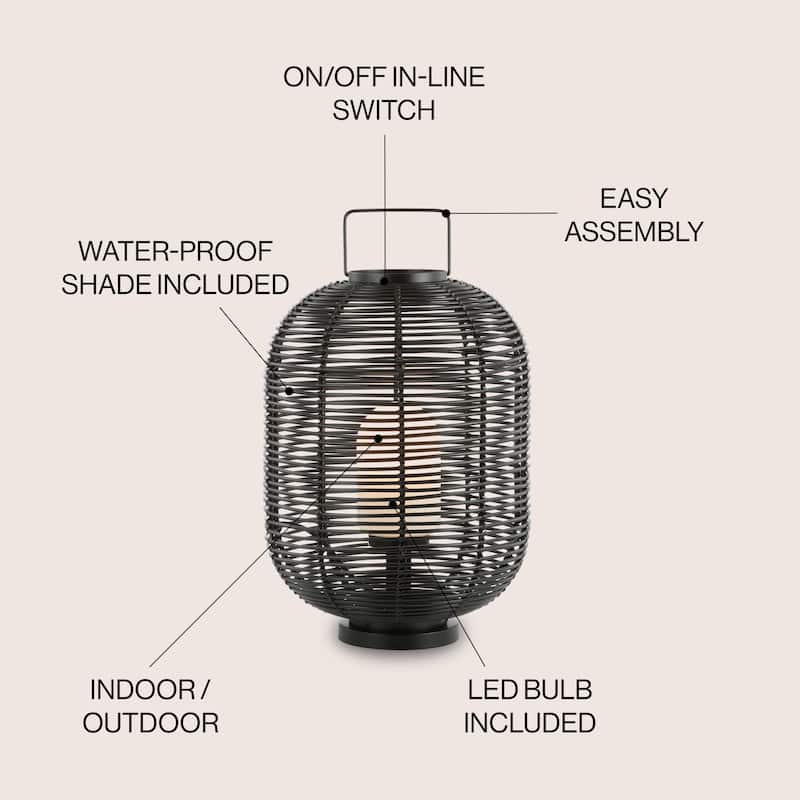 Bea 26.7" Outdoor Woven Oval Asian LED Lantern, Black by JONATHAN Y