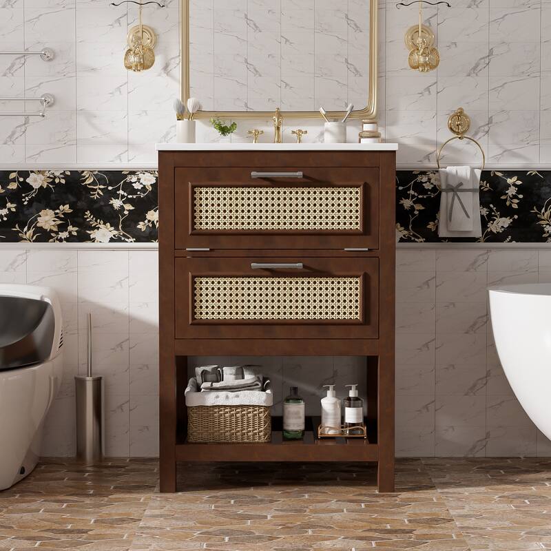 24" Bathroom Vanity Set with Rectangle Integrated Ceramic Sink for Small and Medium Restroom - Dark Brown - 24 Inch