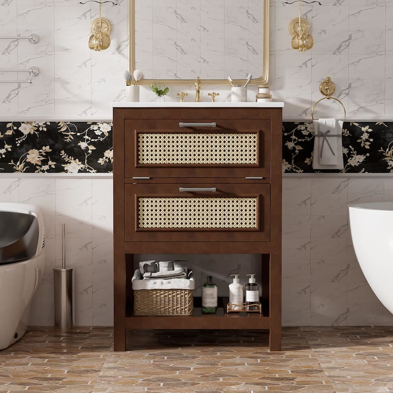 24"Bathroom Vanity with Integrated Ceramic Sink,Bathroom Cabinet with 1 Deep Drawer,1 Tip-Out Drawer,Single Sink Bathroom Vanity