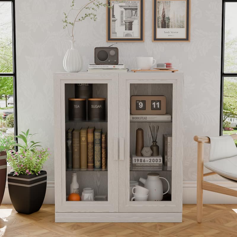 Modular Sideboard Buffet Cabinet with Tempered Glass Doors Credenza Console Table for Living Room Kitchen Dining Room Entryway - White - 36 " x 31 " x 16 "