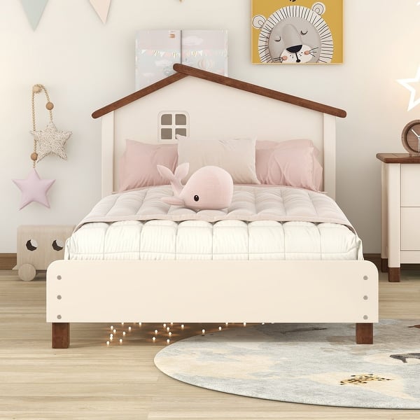 slide 2 of 26, Twin Rustic Kids Bed House Shaped Low Beds for Kids, Wood Platform Bed Frame for Children,No Box Spring Needed,Easy Assemble