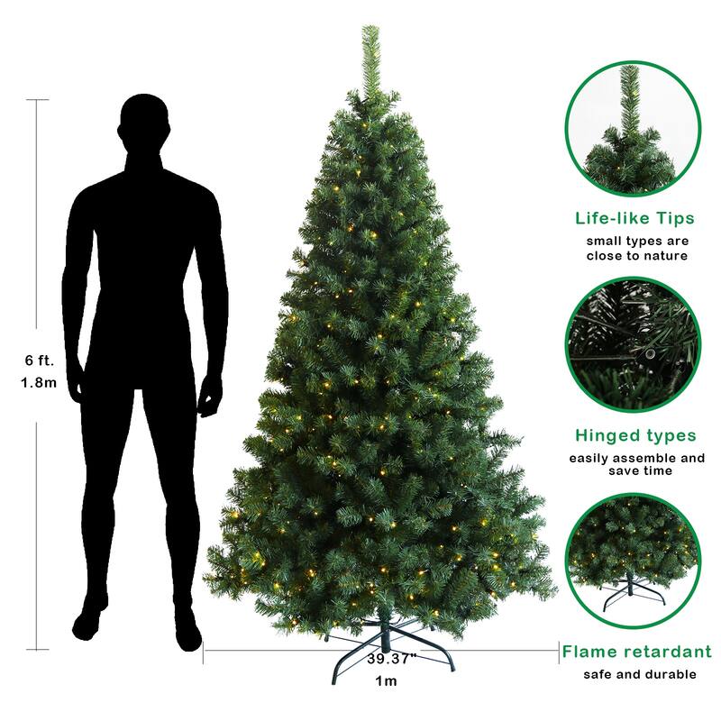 Pre-Lit Artificial Hinged Christmas Tree - Foldable Stand, Xmas Decoration - Green