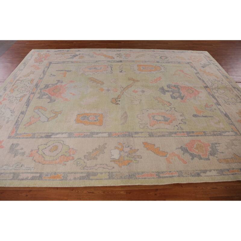 Hand Knotted Oriental 100% Wool Carpet Transitional All-Over Green Oushak Area Rug - 11' 4'' X 8' 8''