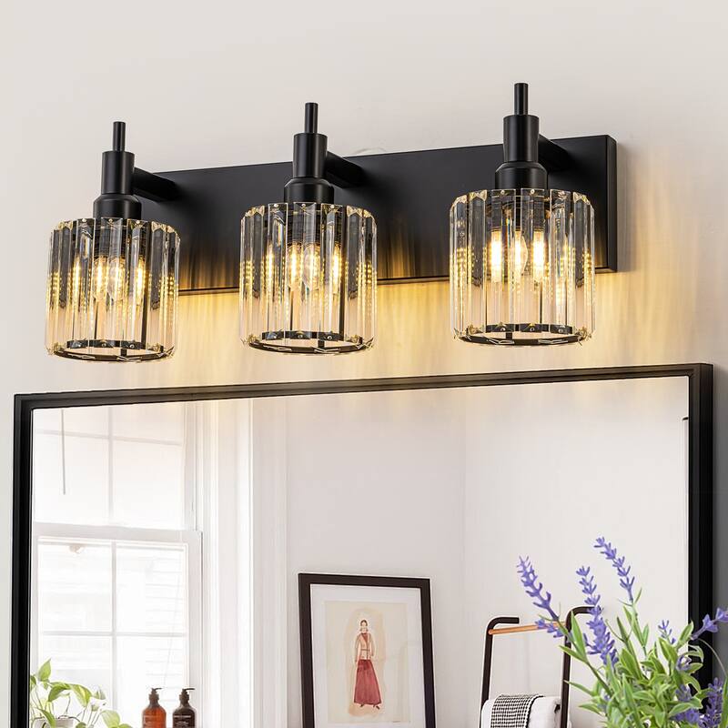 3/4/5-Light Modern Glam Dimmable Cylinder Crystal Wall Light Bathroom Vanity Light - 19.7 in. W 3-Light - Black