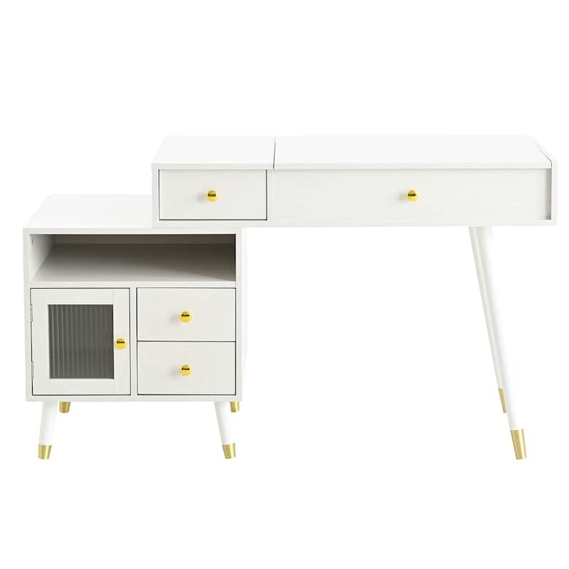 3-in-1 Vanity Desk with Lighted Flip-Top Mirror & Adjustable Cabinet, Makeup Dressing Table with Stool, Dresser with Drawers