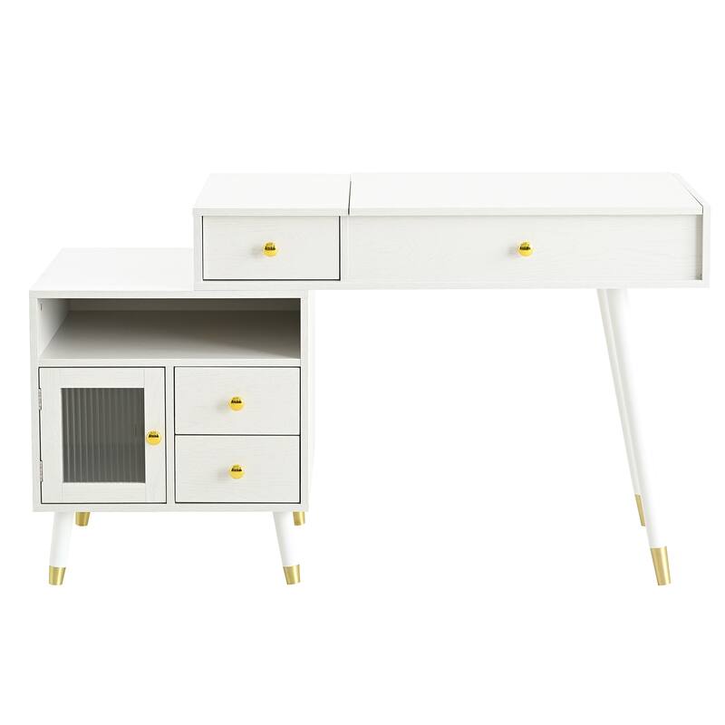 3-in-1 Vanity Desk with Lighted Flip-Top Mirror & Retractable Side Cabinet, Vanity Set with Stool & Storage Drawers