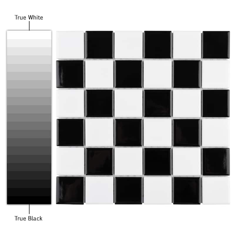 Merola Tile Metro Quad Checkerboard Glossy Black and White 11-3/4" x 11-3/4" Porcelain Mosaic Floor and Wall Tile