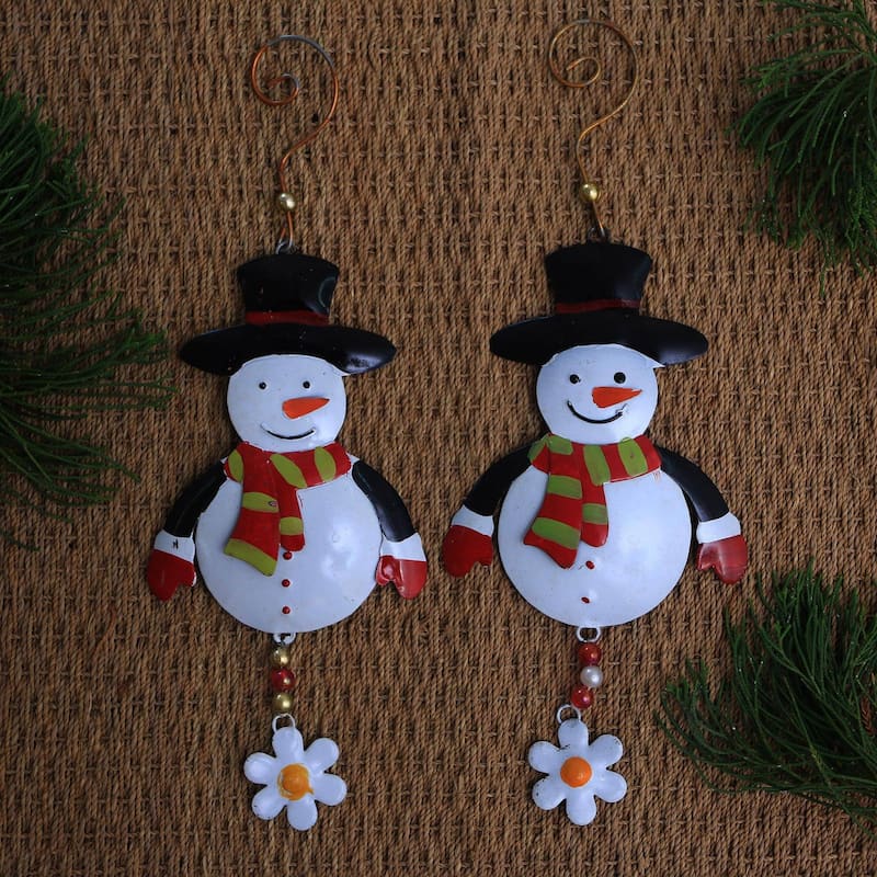 NOVICA Snowman Delight, Steel ornaments (pair)