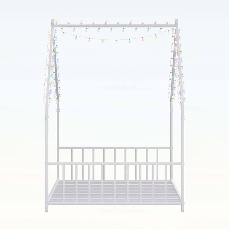 Platform Bed with LED light strips,roof-shaped iron frame,and low profile design for safety and style