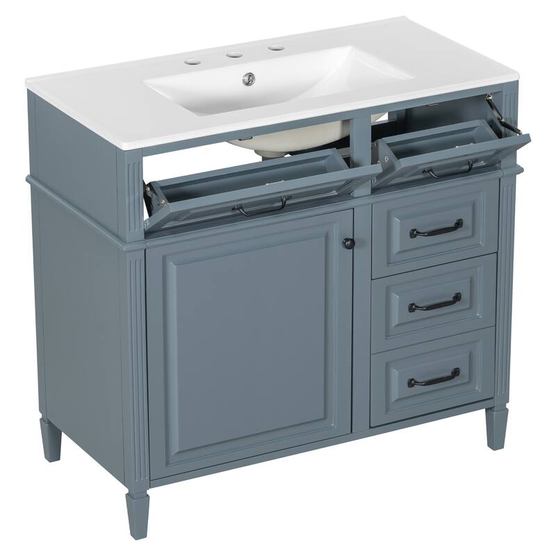 Roomfitters 36" Bathroom Vanity with Sink, Solid Wood Legs, 4 Drawers & Soft-Close Door with Storage Rack