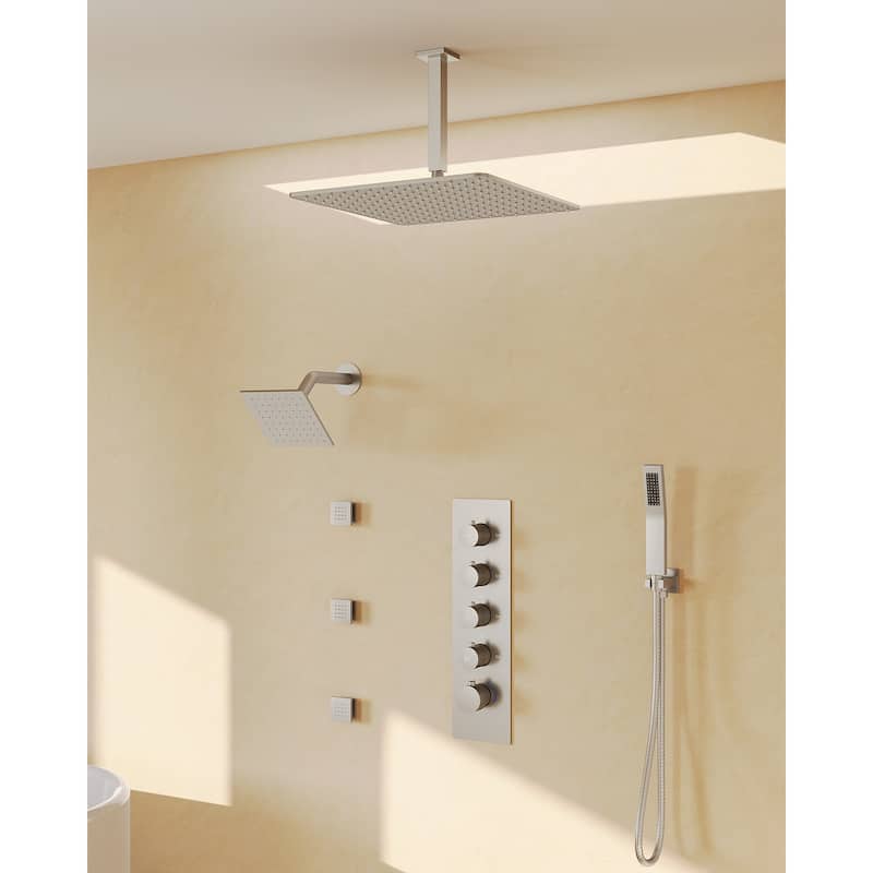 GRANDJOY Thermostatic Shower Faucet Set 16" Ceiling and 6" Wall Mounted Dual Shower Heads Handheld Shower Spray Body Jets