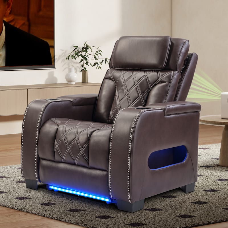Power Recliner Chair with Adjustable Headrest, Breathable PU Leather Home Theater Seating with Ambient Lighting,Cup Holders