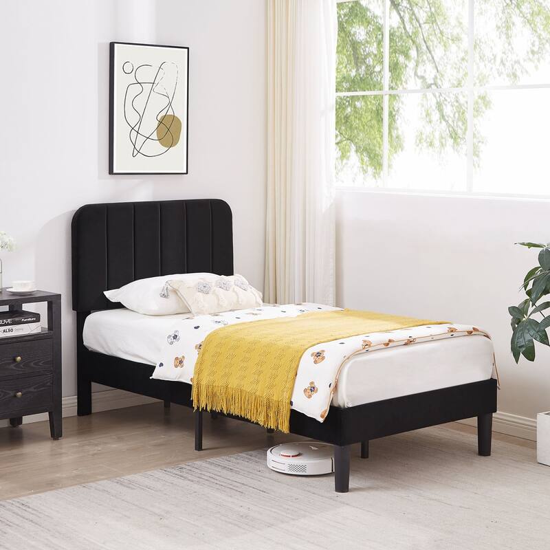 Kids Bed Frame, Height Adjustable Upholstered Bed, Twin Size Bed Set of 2