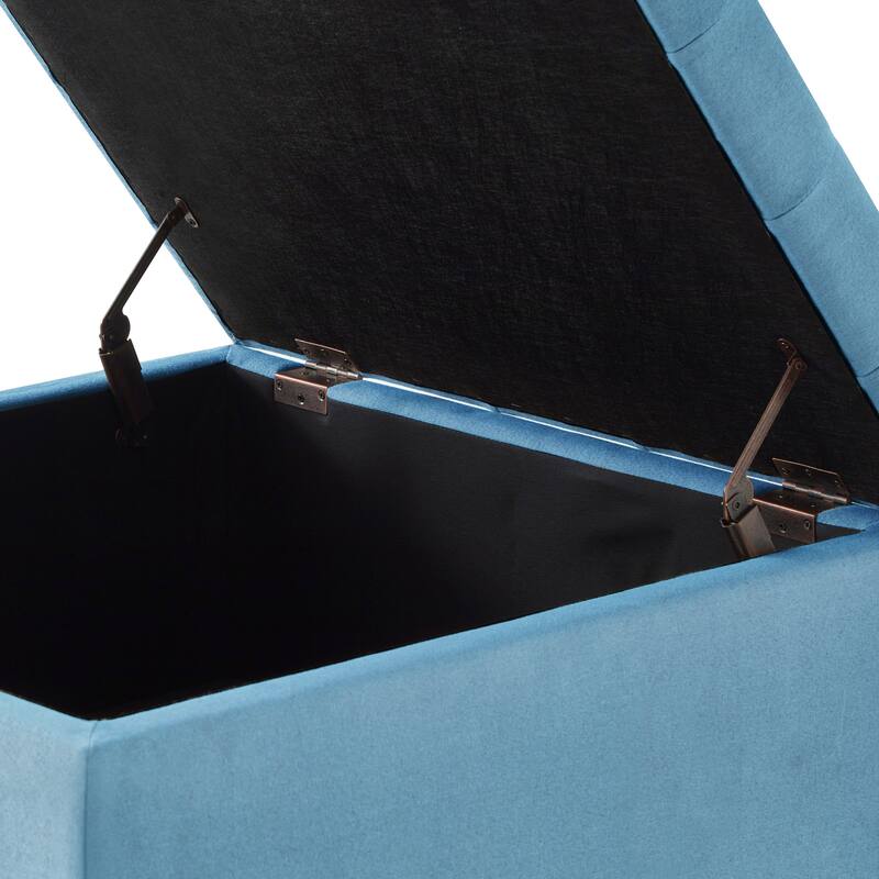 Light Blue Square Storage Ottoman with Wooden Legs: Coastal Elegance