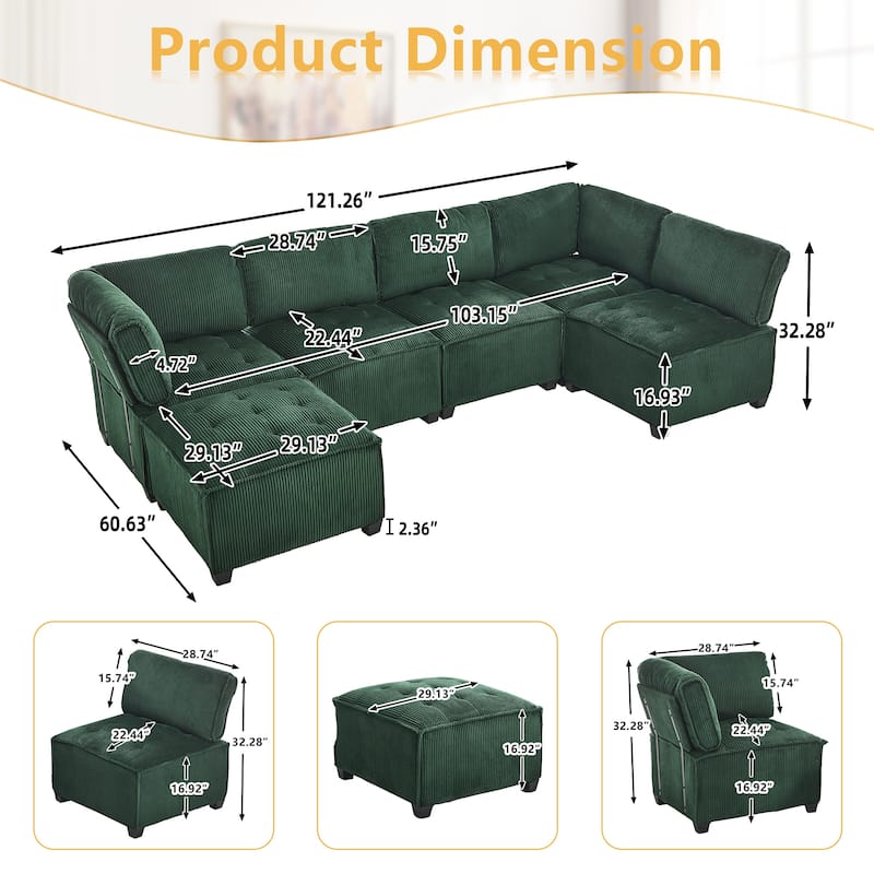 U-Shaped Corduroy Upholstered 6-Seat Convertible Modular Sectional Sofa Fit for Living Room