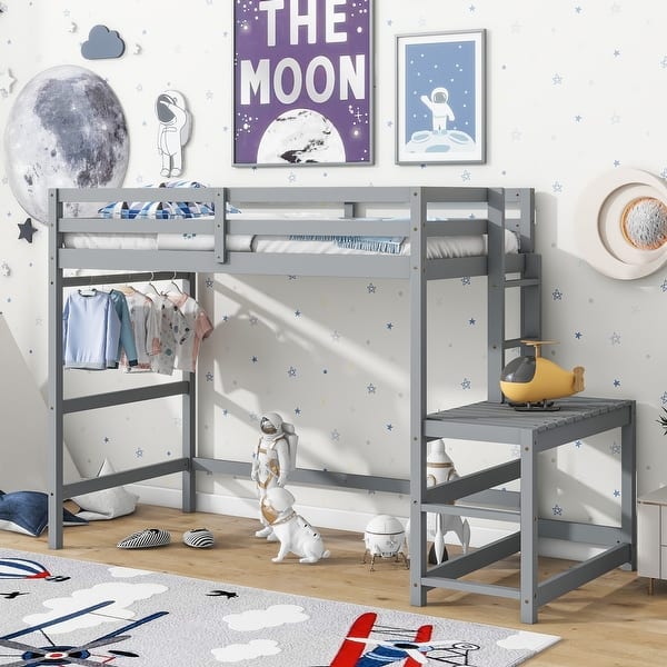 slide 2 of 11, Gray Twin Size Pine Wood High Loft Bed with Ladder and Guardrails Gray