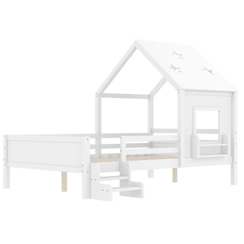 Low Profile Stairs Platform Bed Wood House Bed with Cute Star-shape Roof, Window, Bookcase and Blackboard for Boys and Girls