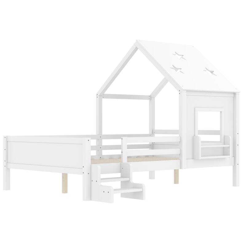 Roomfitters House Floor Bed with Bookcase and Blackboard, Solid Wood Frame with Low Stairs