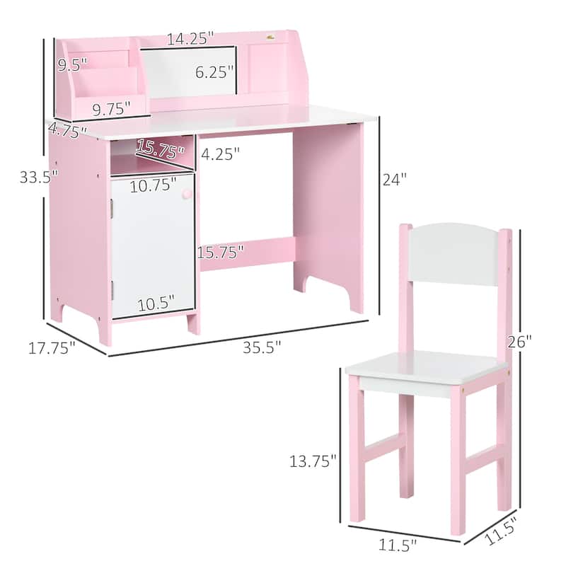 Qaba Toddler Desk and Chair Set, Kids Writing Desk Study Table for Children with Whiteboard