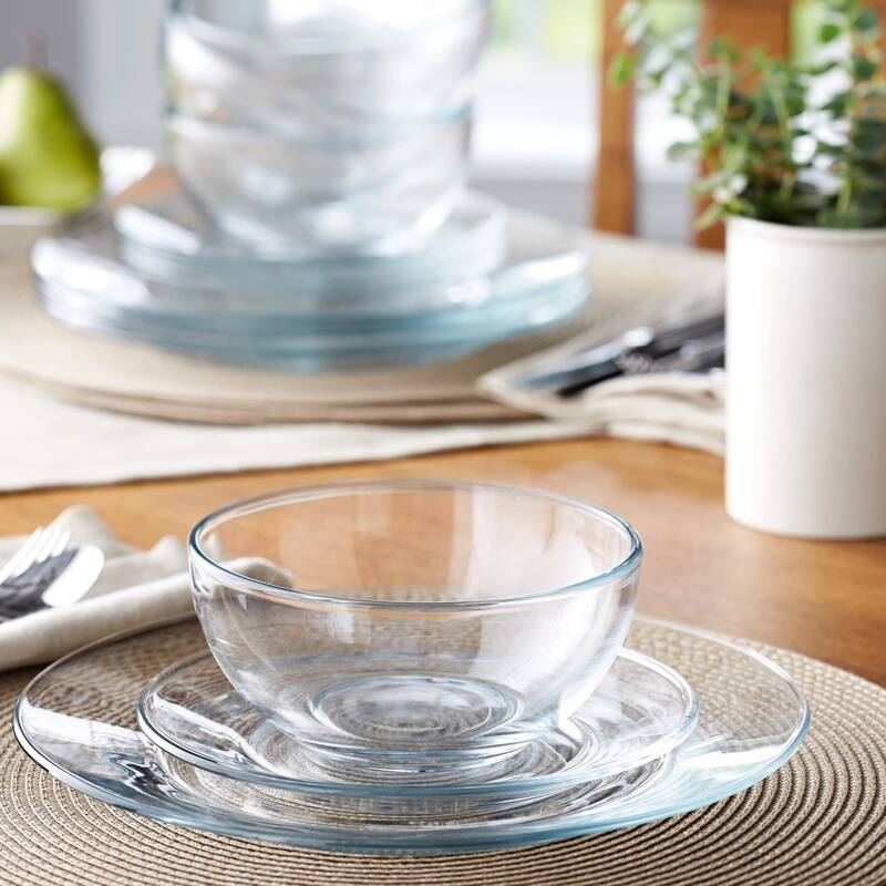 Set for 12 Contemporary Clear Glass Dinnerware With Salad Plates, Dinner Plates and Bowls - 10.5” x 10.5” x 8”
