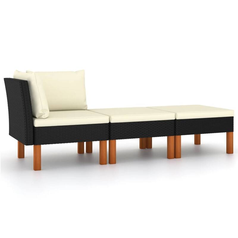 3pc Outdoor Modular Corner Sofa Set, Black Poly Rattan Ivory Polyester