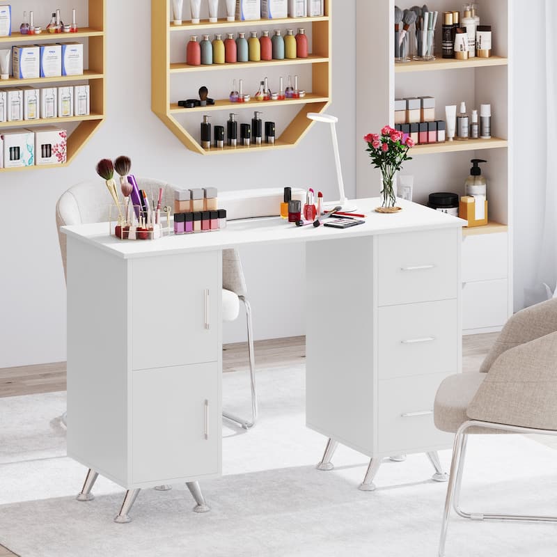 Gymax Manicure Table Nail Desk w/ Drawers Wrist Rest Metal Legs Nail