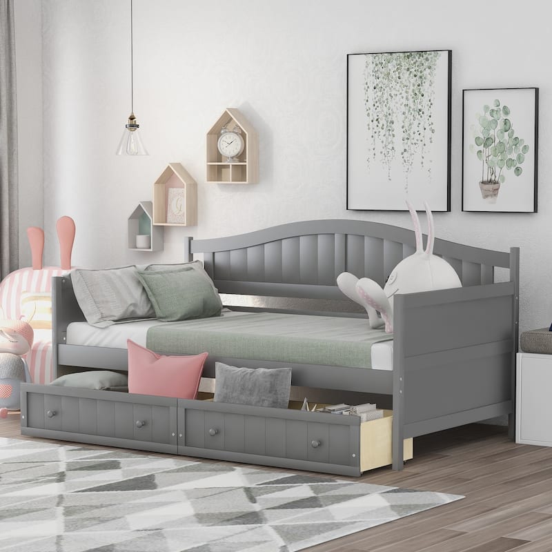 Twin Gray Wooden Daybed with Pull-Out Drawers, No Box Spring Needed, for Bedroom or Living Room - Gray