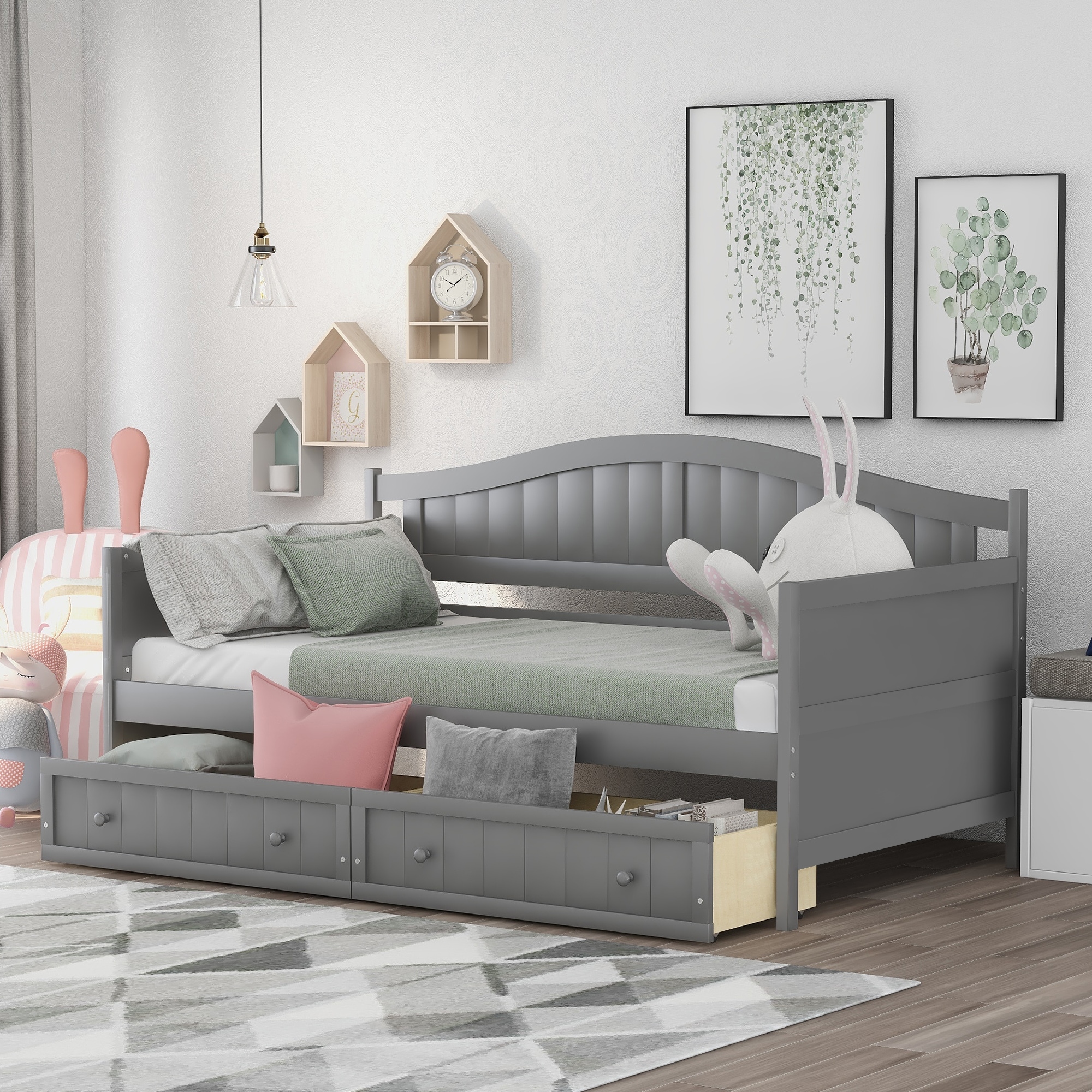 Twin Size Wooden Daybed with 2 Drawers Sofa Bed for for Kids