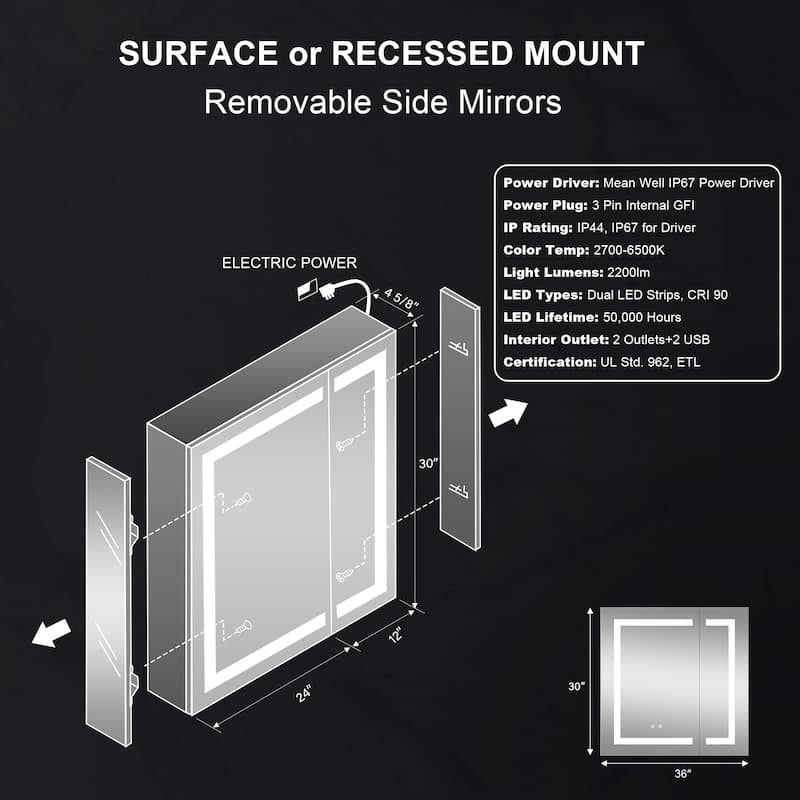 30" H Recessed or Surface LED Mirror Cabinet with Adjustable Glass Shelves,Defogger, Dimmer And Outlets & USB Ports
