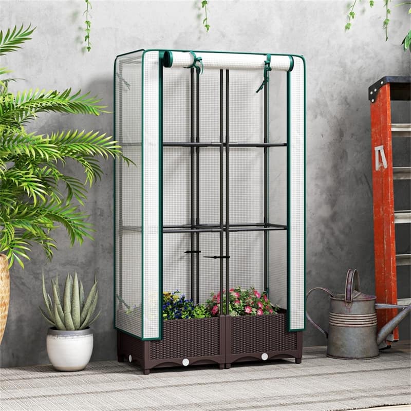 Brown and White Mini Greenhouse with PE Cover and Self-Watering System and Roll-Up Zipper