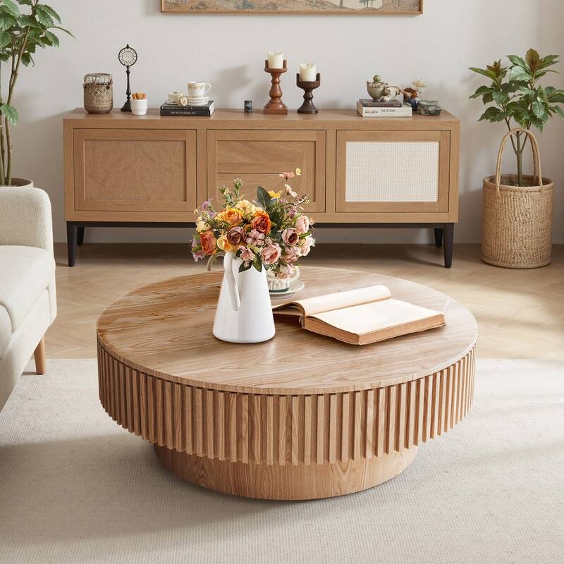 39.37" Round Coffee Table with Storage Solid Wood Veneered Modern Accent Table for Living Room or Bedroom