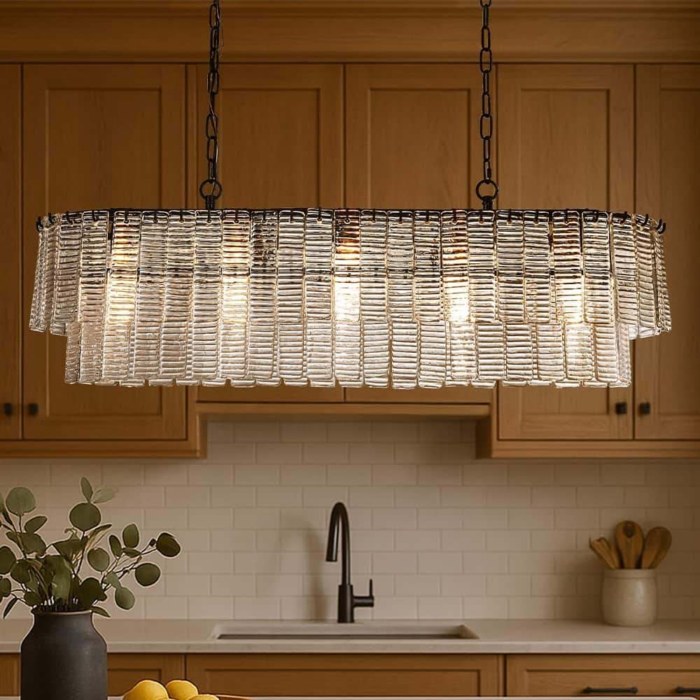 5-Light 39'' Matte Black Rectangle Elegant Ribbed Glass Chandelier Vintage Art Glass Pendant Light For Dining Room - W39''