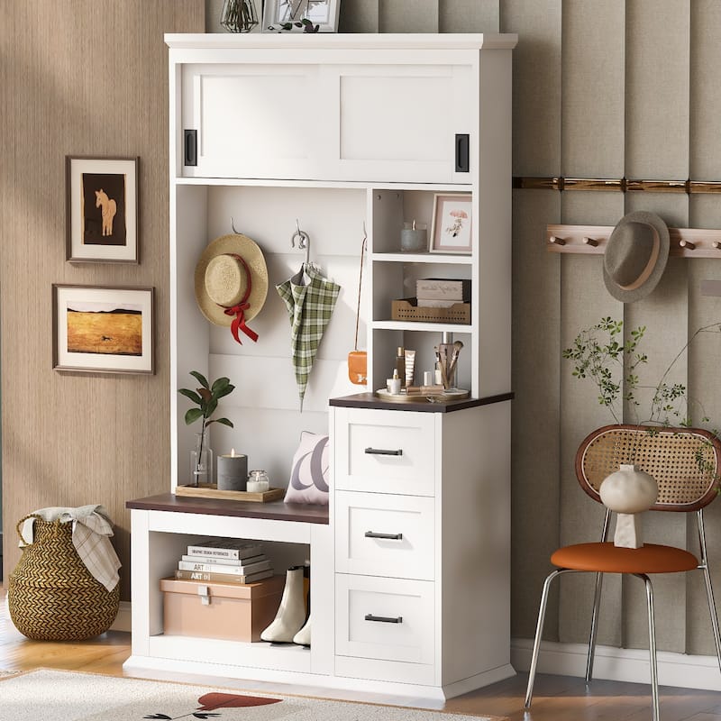 40.2" Wide Hall Tree with Storage Bench for Hallway, Entryway Bench with Coat Rack, 3 Shelves and Drawers, 3 Sturdy Hooks - White+Walnut