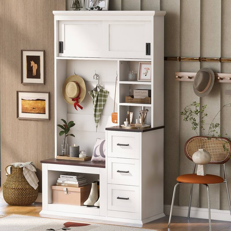 Modern Entryway Bench with 3 Shelves and Drawers