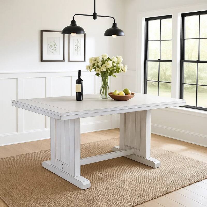 Sime Dining Table, 60 Inch Rectangular Plank Top, Off White Wood
